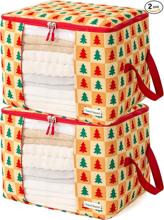 Canvas Storage Bags 2 Pack Designer Clothes Organizer bags for sweaters, clothing, garments, quilt, linens, large folding organizers with zip & window, moth proof space saver - Christmas tree print