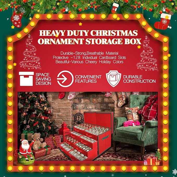 WDZREE Premium Large Christmas Ornament Storage,Box with Side Open, Drawer Style Trays -3" Compartment, 8 Trays, Keeps 128 Holiday Ornaments -Made of Durable 600D Oxford Fabric Tear-Proof Material