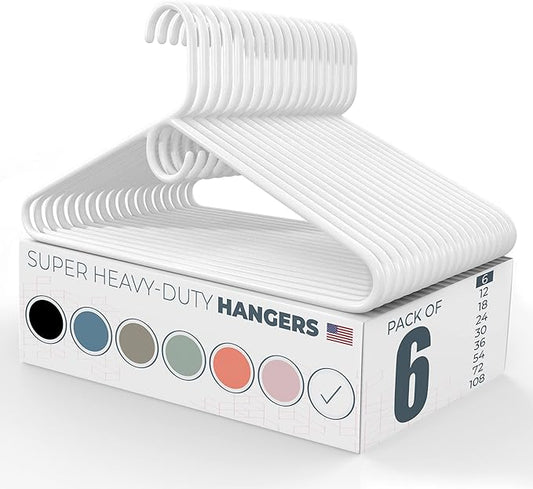 Neaties Super Heavy Duty Clothes Hangers 6 Pack – Made in The USA - 10lb Capacity, Thick Plastic Hangers for Pants, Coats, Jackets, Jeans and Adult Clothing – White
