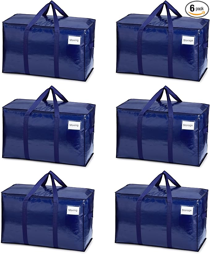 VENO 6 Pack Moving Bags, Heavy Duty, Moving Boxes Alternative, Packing Storage Supplies for Dorm Room Essentials with Zipper for Clothes, Extra Large Totes for Packaging (Blue, 6 Pack)