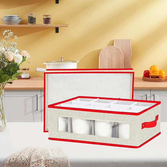 homyfort Mug Storage Box Organizer, China Cup Storage Containers with Dividers, 2 Pack Hard Shell for 24 Tea Cups and Coffee Mugs (Beige)