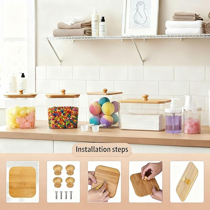 4+2-Piece Laundry Storage box: Includes transparent laundry pod storage box (with wooden lid and label) and liquid detergent container. Suitable for fabric softener, powder detergent, and laundry pods