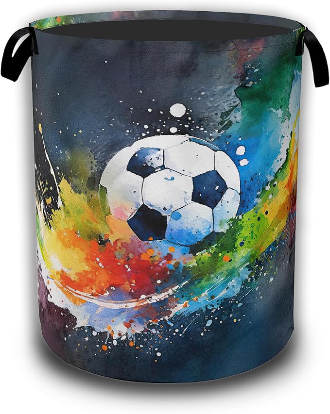 Abstract Soccer Laundry Basket,Waterproof Foldable Watercolor Ball Laundry Hamper,Dirty Clothes Basket, Linen Bin Storage Organizer Collection 16" x 20.8"