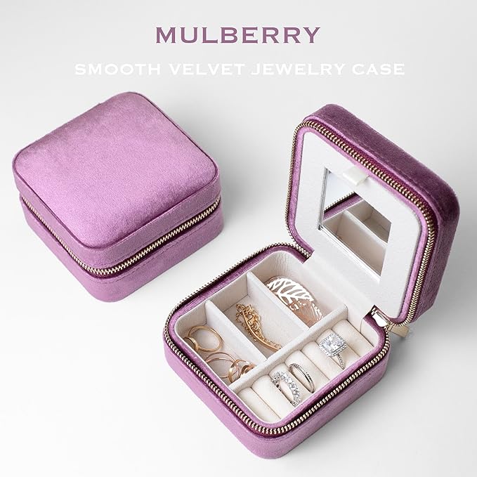 Customizable Compact Velvet Jewelry Box with Mirror, Travel Jewelry Case, Travel Jewelry Organizer, Jewelry Box for Women and Girls, Small Jewelry Organizer (Center Text, Mulberry)