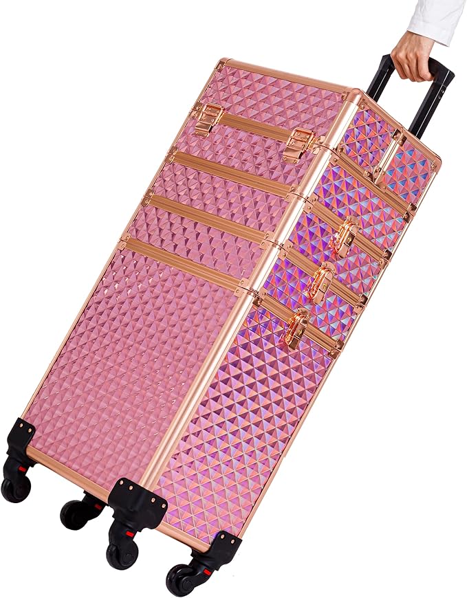 AROUS Rolling Makeup Train Case 4 in 1 Cosmetology Case on Wheels Large Storage Cosmetic Trolley with Key Salon Barber Case Traveling Cart Trunk, Pink