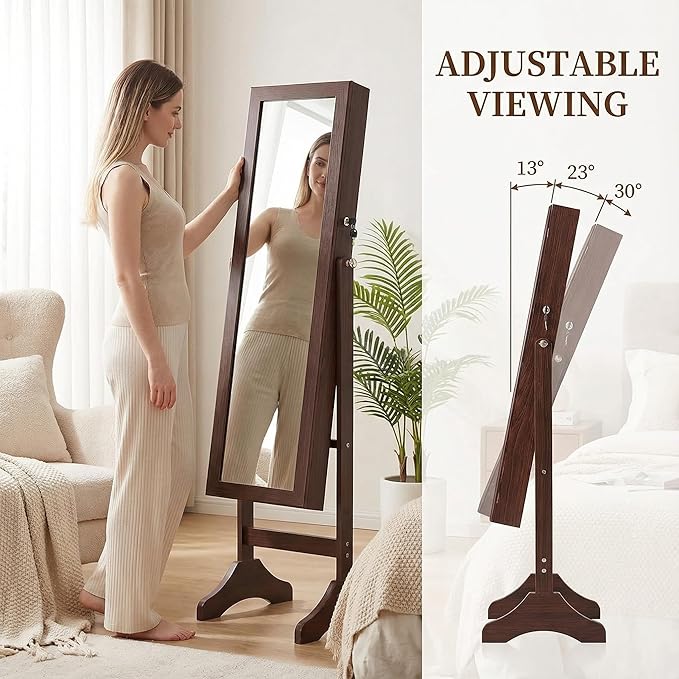 Large Jewelry Armoire with Full-Length Mirror - 47.3" Lockable Storage Cabinet, Velvet Lining, 5 Shelves, 3 Adjustable Angles & Accessory Pouch (Brown)