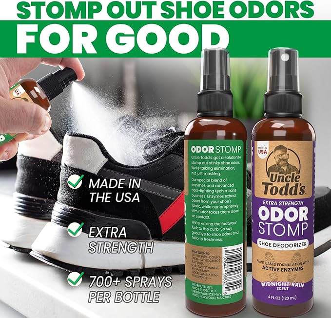 Uncle Todd's Odor Stomp Shoe Deodorizer 2-Pack - Proven & Powerful Enzyme Shoe Spray for Odor Elimination in All Footwear