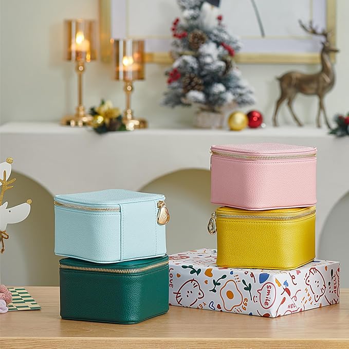 Vlando Travel Jewelry Box for Women,Faux Leather Jewelry Case with 6 Velvet Jewelry Zipper Pockets,Gift Ideas for Women Wife Earrings Necklace Rings Storage Boxes(Strawberry Pink)