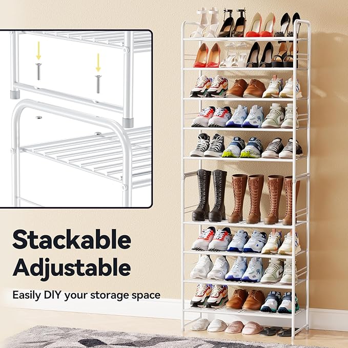 5-Tier Stackable Shoe Rack, Metal Shoe Shelf Storage Organizer, White