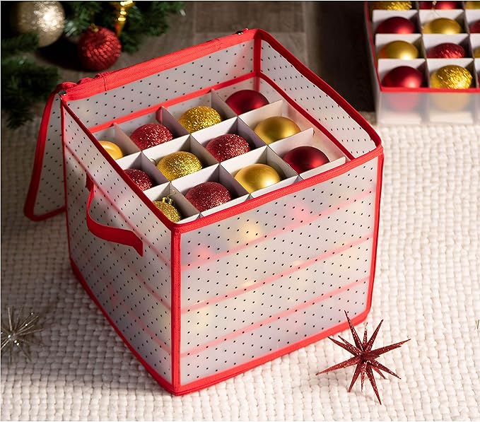 ZOBER Christmas Ornament Storage Box Plastic - Stores 64 3" Ornaments with Individual Trays - Ornament Organizer Storage Box, Durable Christmas Containers Holder - Red