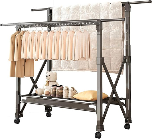 Double Rod Foldable Collapsible Extendable Rolling Clothes Drying Rack with Wheels, Heavy Duty Adjustable Freestanding Metal Large Garment Rack for for Apartment Indoor Outdoor Balcony Laundry, Grey