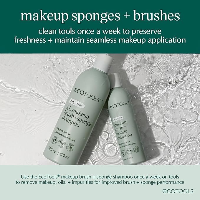 EcoTools Sea Gems Face Makeup Brush & Sponge 4 Piece Set, Eco-Friendly Makeup Brushes & Makeup Sponge, For Foundation, Blush, Contour, & Setting Powder, Recycled Plastic, Cruelty-Free Tools
