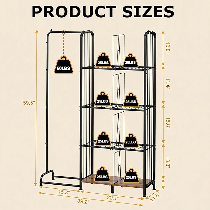 4 Tier Hanging Closet Organizer Separable Hanging Closet Shelves with 4 Adjustable Dividers Freestanding Wardrobe Closet Organizer for Clothing Sweaters Shoes Handbags Clutches Accessories