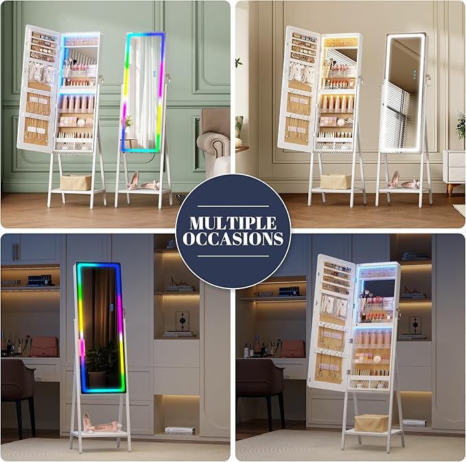 LVSOMT LED Mirror Jewelry Cabinet, Large Jewelry Armoire Cabinet Standing, Lockable Full Length Mirror with Jewelry Storage, Space-Saving Jewelry Organizer Mirror, 14 RGB Lights, White