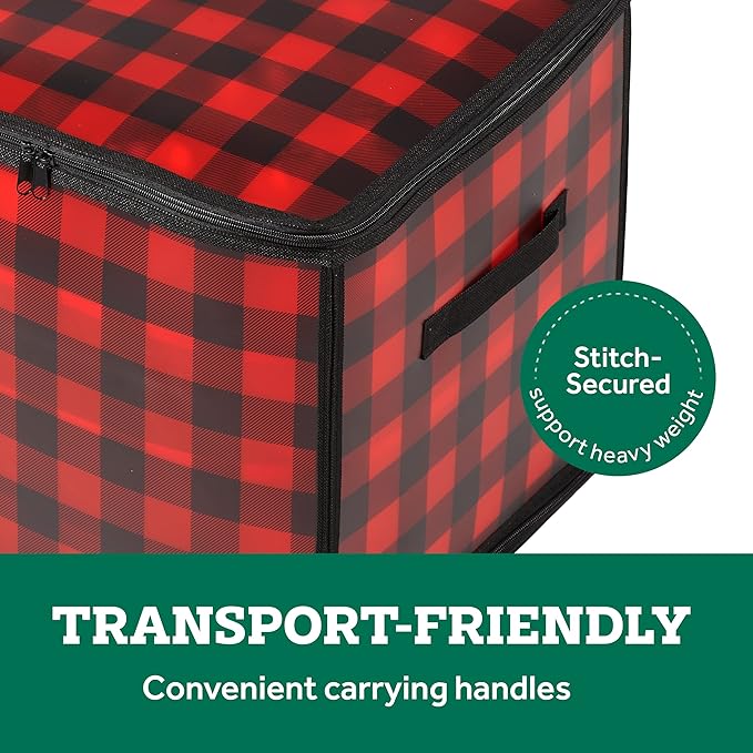 ZOBER Christmas Ornament Storage Box Plastic - Stores 64 3" Ornaments with Individual Trays - Ornament Organizer Storage Box, Durable Christmas Containers Holder - Plaid
