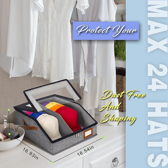 2-in-1 Hat Organizer for Baseball Caps Holds 24-30 Hats Holder for Closet with Clear lid Stackable Hat Storage with Adjustable Space Cowboy Hat Box for Men Women 1 PCS Black and Grey
