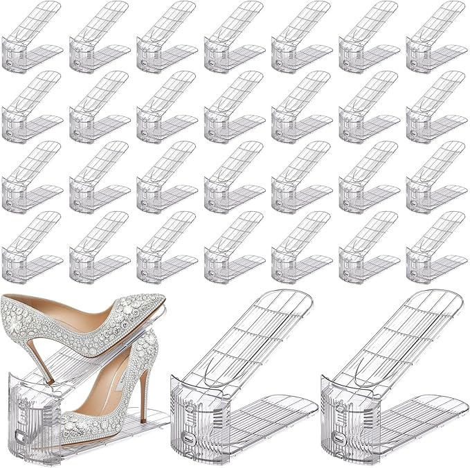 Clear Shoe Slots Organizer with Adjustable Height, Acrylic Closet Stacker Display, Storage Shoe Rack Organizer, Double Layer Holders for Shelf Wardrobe Space Saving(Clear,30 Pack)