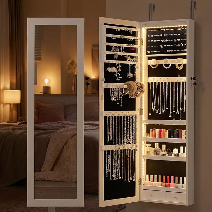 Large Capacity Wall-Mount Jewelry Armoire with LED Lights & Lock - 47.2" Tall Mirror Organizer Cabinet, 6 LEDs, Door-Hanging Design (White)