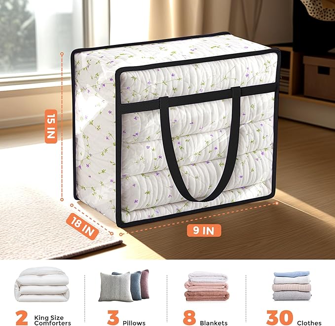 Budding Joy 6 Pack Clear Zippered Storage Bags for Clothes,40L Closet Organizers and Storage Containers Vinyl Moving Bag for Bedding, Linen, Blankets, Comforters, Clothing & Toys, Black