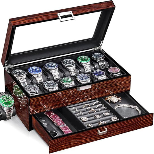 BEWISHOME High-End Watch Box, 12-Slot Watch Case with Large Glass Lid, 2-Layer Wooden Watch Box for Men, Watch Organizer Watch Storage Holder for Men Brown SSH02Y