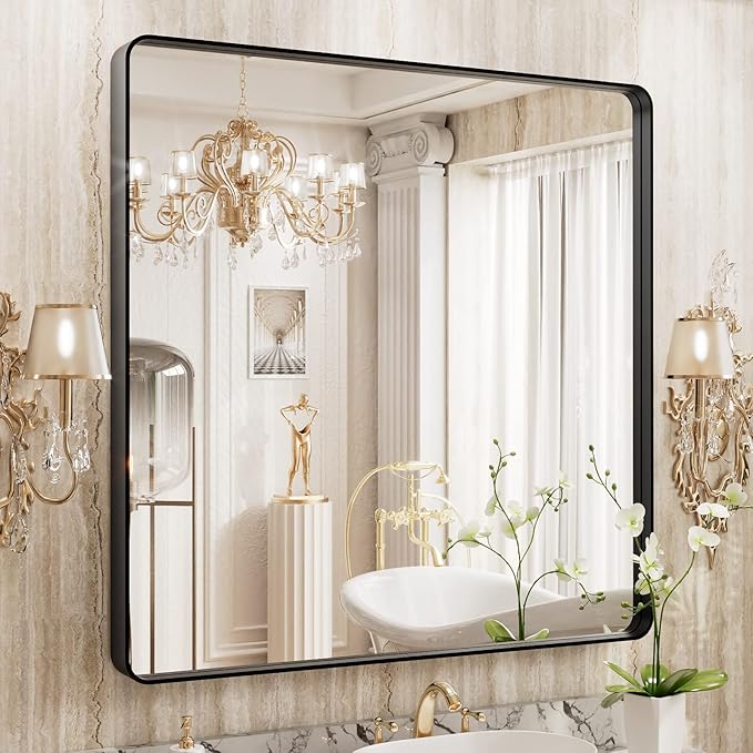 WEER 36X36 Inch Black Metal Framed Bathroom Mirror, Matte Black Bathroom Vanity Mirror, Rectangular Black Wall Mirror for Bathroom, Tempered Glass, Rounded Corner, Hangs Horizontal or Vertical