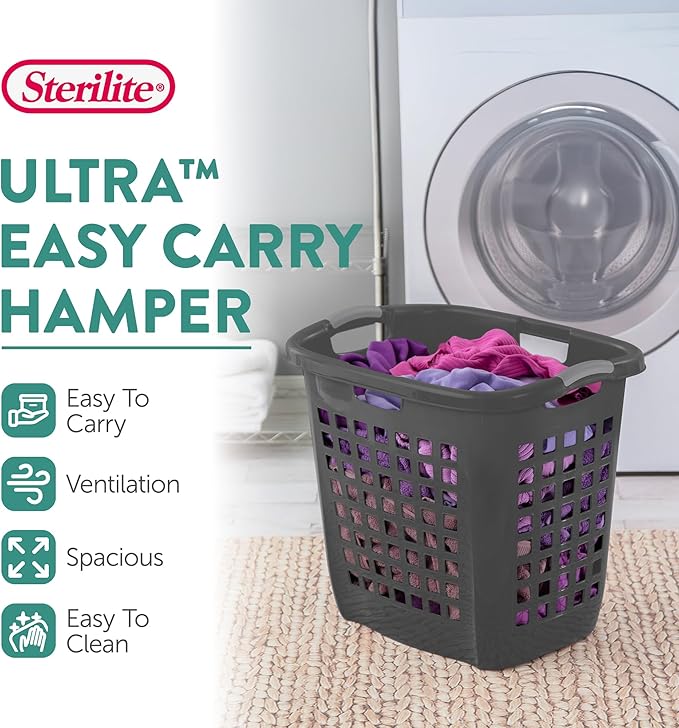 Sterilite 4 Pack Ultra Easy Carry Laundry Basket, Plastic Clothes Hamper Bin w/Comfort Grip Handles & Reinforced Rim, 2.1 Bushel Capacity, Flat Grey