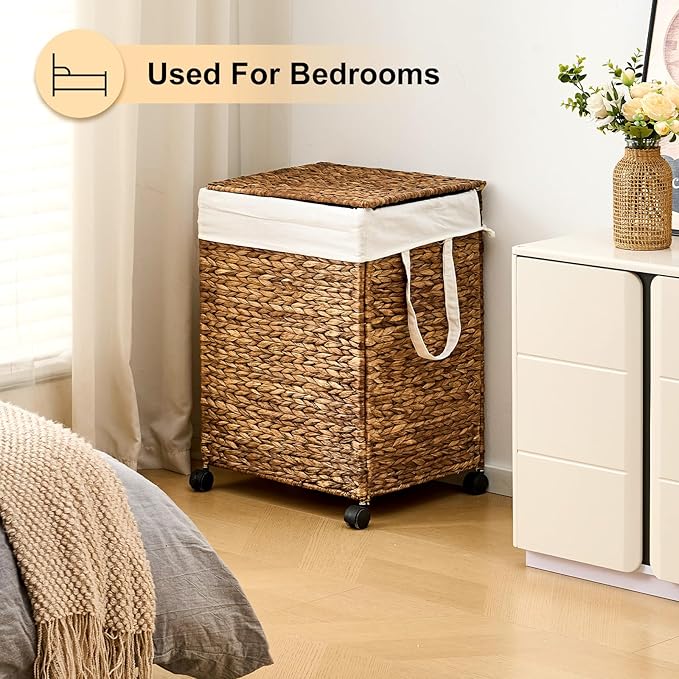 Laundry Hamper with Lid, Large Capacity Woven Natural Water Hyacinth Laundry Sorter with Removable Liners, Rolling or Non-Slip Design for Bedroom (Espresso, 100L)