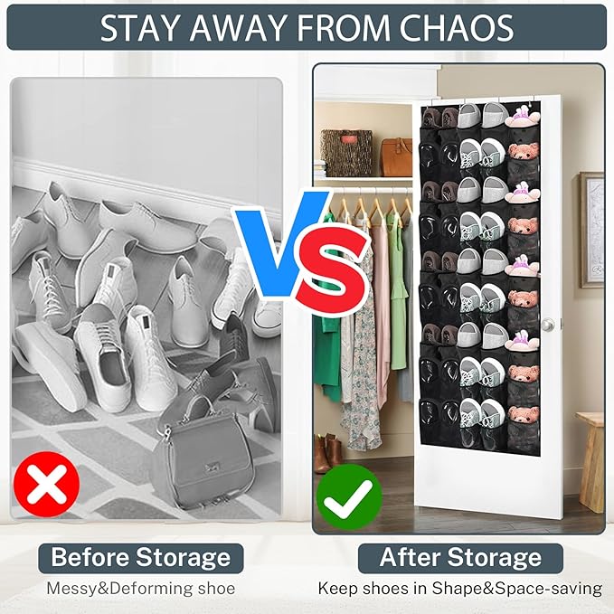 Over the Door Shoe Organizer,40-Pocket Hanging Shoe Rack for Closet Door,Shoes Storage Holder Hanger with Large Mesh Pocket for Women Men Shoes,Flip Flops(Black)