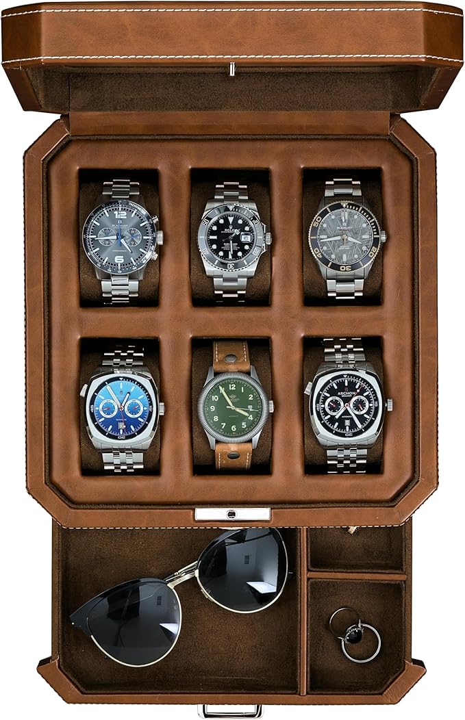 ROTHWELL 6 Slot Leather Watch Box with Valet Drawer - Luxury Case Display Organizer, Microsuede Liner, Locking Mens Jewelry Watches Holder, Men's Watch Storage Large Glass Top (Tan/Brown)