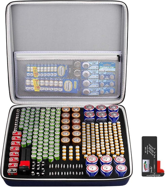 Comecase Extra Large Battery Organizer Storage Box, Garage Carrying Case Bag Holder - Holds Up to 300+ Batteries AA AAA C D 9V Lithium 3V with Battery Tester (Batteries are Not Included)