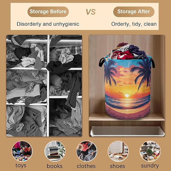 Laundry Hamper,Tropical Palm Laundry Basket,Sunset Sea Beach Waterproof Oxford Cloth Storage Basket with Handle for Clothes Books Nursery Home Storage Sundries 16"x20"