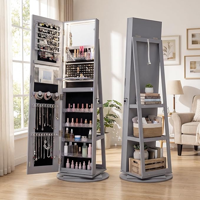CHARMAID 360° Rotating Jewelry Armoire with LED Lighted Full Length Mirror & Built-in Vanity Mirror, Lockable Standing Jewelry Cabinet with Lights, Large Storage Organizer for Jewelry (Gray)