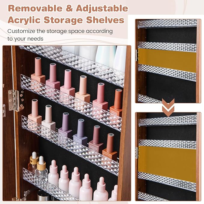 CHARMAID Jewelry Cabinet Armoire with Wheels, 64" H Full Length Mirror, 3-Color LED Lights, Height Adjustable Shelves, Lockable Standing Jewelry Organizer with Back Storage Shelves (Walnut)