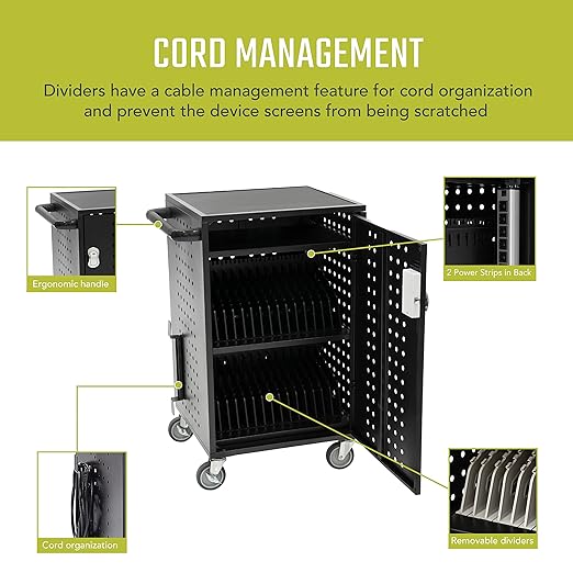 Pearington 30 Device Charging Cart with Electric Key Card Lock, Charger Organization, Cable Management, Laptop-Chromebook Charging Mobile Storage Station, Black