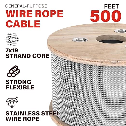 3/16 Stainless Steel Cable, 500ft Wire Rope, 7x19 Strands Aircraft Cable for Deck Cable Railing System, 3700lbs Breaking Strength Marine Grade for Rail, Deck, Clothesline, Yard Zipline