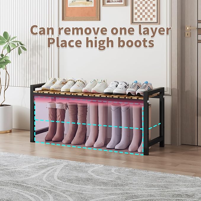 Shoe Rack Organizer for Small Spaces 2Tier Long Narrow Shoe Stand, Closet Shoe Rack, Small Shoe Shelf for Closet Entryway Corner Garage and Bedroom Front Door - Shoe Storage Combining Wood and Metal