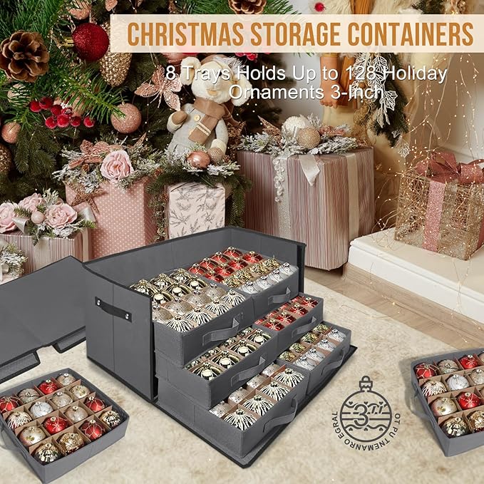 WDZREE Premium Large Christmas Ornament Storage,Box with Side Open, Drawer Style Trays - 3" Compartment, 8 Trays, Keeps 128 Holiday Ornaments -Made of Durable 600D Oxford Fabric Tear-Proof Material