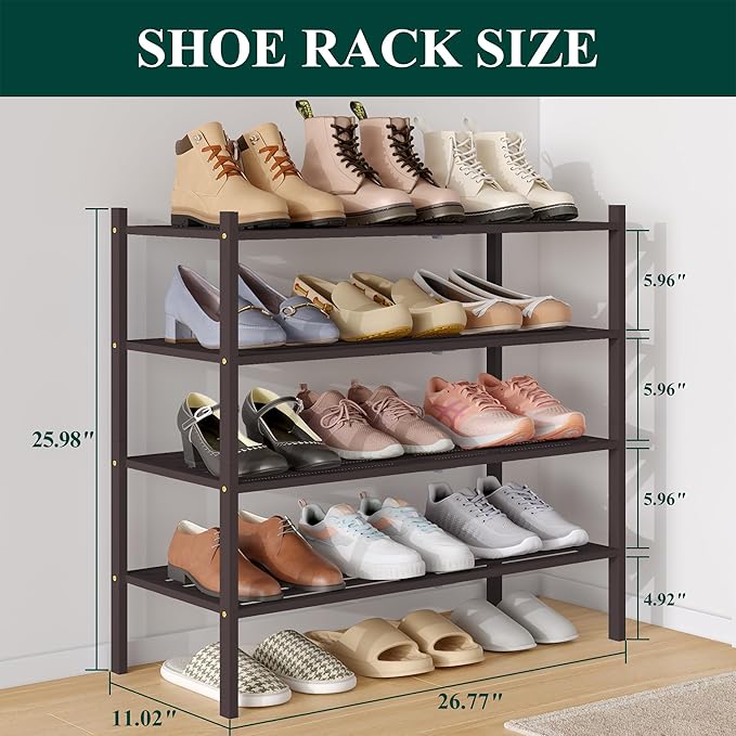 Smiry Bamboo Shoe Rack 4-Tier, Stackable Wooden Shoe Organizer for Entryway & Closet, Free Standing Wood Shoe Storage Shelf for Front Door & Small Spaces, Brown