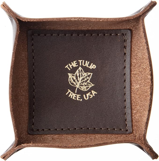 USA Handmade Premium Leather Valet Tray, Jewelry Organizer With Brass Rivets (Dark Walnut Brown, Mini)