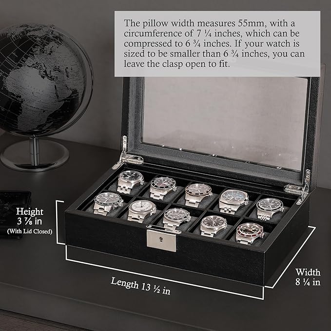 ROTHWELL 10 Slot Leather Watch Box - Luxury Case Display Jewelry Organizer - Locking Watch Display Case Holder with Large Glass Top - Box Organizer for Men and Women (Black/Grey)