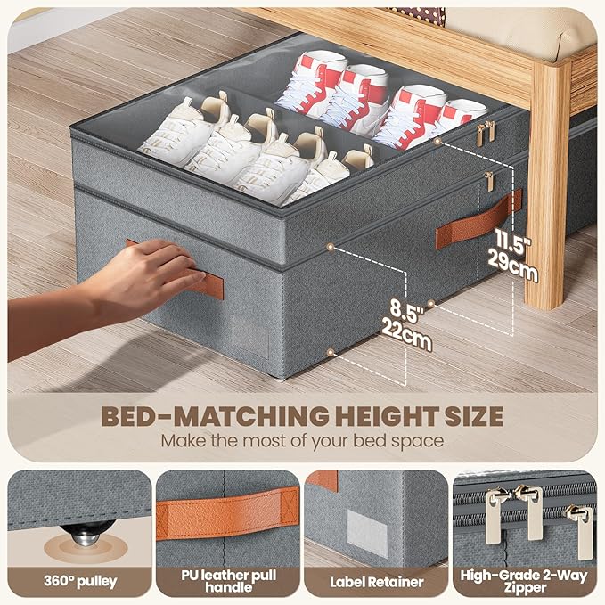 Under Bed Storage with Wheels, 2Pack 71L Under the Bed Storage Containers, Adjustable Underbed Drawer with Lids, Underbed storage Rolling Bin for Shoes, Clothes, Blankets, Grey