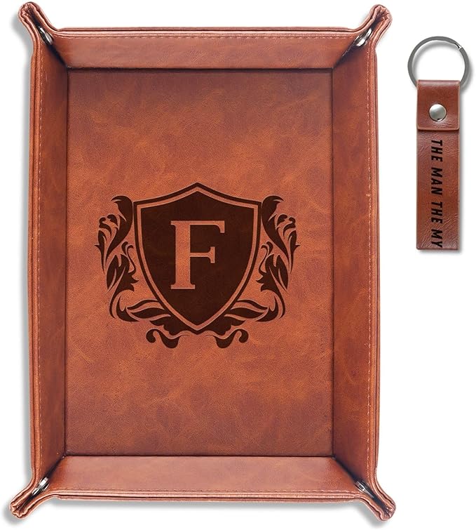 INNObeta Initial Valet Tray, Desktop Storage Organizer, PU Leather Bedside Tray Key Coin Holder, Personalised Gifts for Men, Birthday, Christmas, Letter F