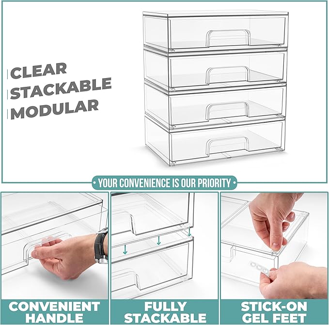 Sorbus Wide Stackable Acrylic Storage Drawers, 6 Pack Clear Plastic Organizer Bins for Baby Bottles, Makeup, Bathroom, Vanity & Countertop Organization, Pull-Out Drawer Design for Cabinets & Pantry