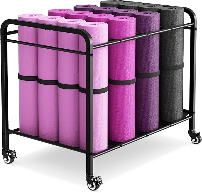Black Yoga Mat Storage Rack Basket with Wheels, Floor-Standing Metal Yoga Mat Cart Workout Equipment for Foam Roller Dumbbells Kettlebells,in Gym,Fitness Classes, Yoga Studio & Home Gym