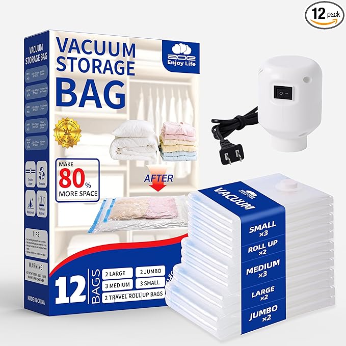 Vacuum Storage Bags for Clothing Travel,12 Pack Vacuum Bags with Pump,Space Saver Bags for Clothes Travel & Home(2 Roll-Up Bags,3 Small,3 Medium,2 Large,2 Jumbo)