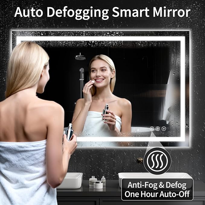 36"x48" LED Bathroom Mirror with Lights, Dimmable，Anti-Fog，Bathroom Vanity Mirror for Wall, Backlit + Front Lit, Memory Function, Shatter-Proof，Tempered Glass