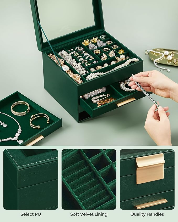 SONGMICS Jewelry Box Organizer with Glass Lid, 4-Layer Jewelry Storage, with 3 Drawers, Modern Style, 8 x 9.1 x 6.5 Inches, Forest Green and Gold Color UJBC173C01