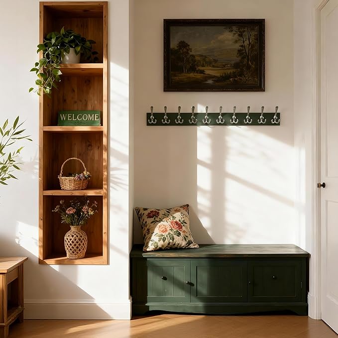 SKOLOO Creations Forest Green Solid Wood Wall Mounted Coat Rack, 10 Hooks, 38-1/8" Long - Kitchen, Mudroom, Entryway, Bathroom - Includes Mounting Hardware, Wall Coat Hanger, Towel Rack