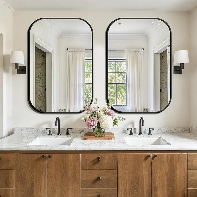 FICTOR Bathroom Vanity Mirror for Wall, 2 Pack 26" x 38" Rectangle Bathroom Mirror for Over Sink, Metal Framed, Hangs Horizontally or Vertically(Black)