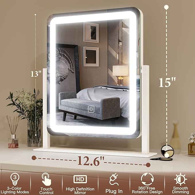 FENNIO Vanity Mirror with Lights - 15"x12.6" LED Lighted Makeup Mirror, Large Makeup Mirror with Lights, Touch Screen with 3-Color Lighting, Dimmable, for Vanity Desk Tabletop, Bedroom